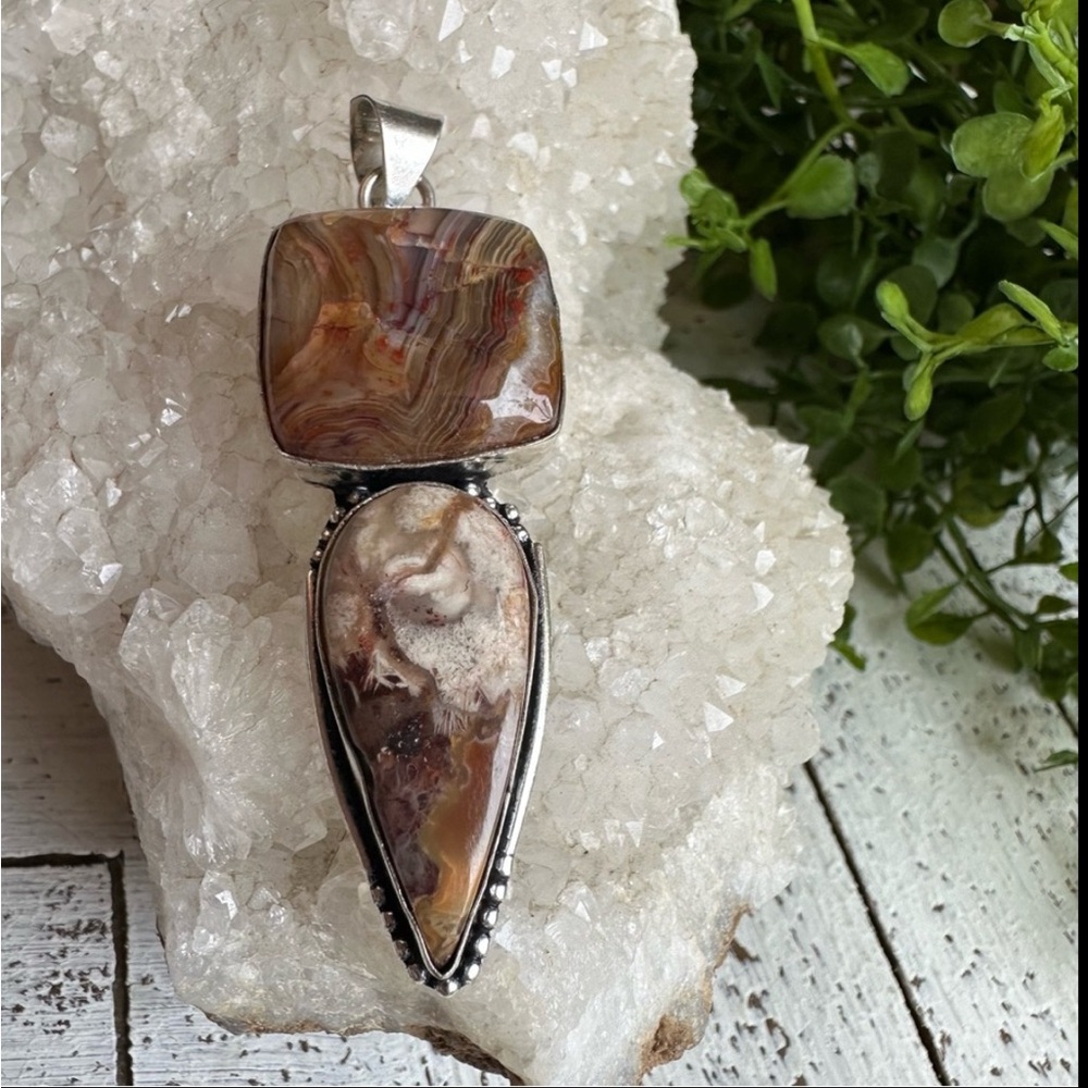 Laguna Lace Agate 925 Sterling Silver Plated Gemstone Pendant Brown neutral
